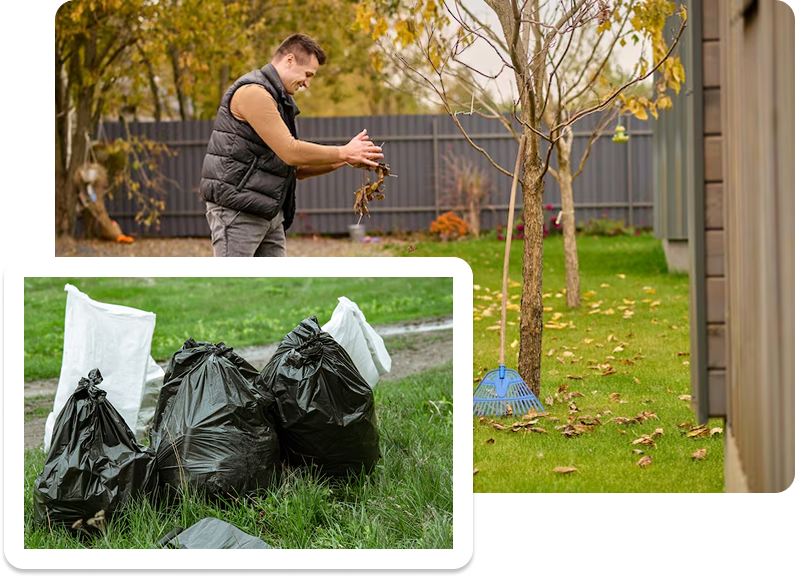 Professional yard waste removal and seasonal cleanup services by SGJ Landscaping in Honesdale, PA, featuring a neat lawn with collected yard waste bags and a person raking fallen leaves.