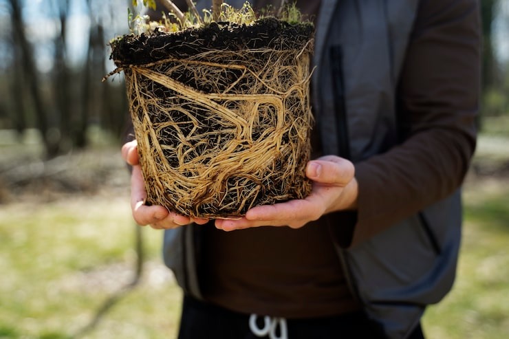 A close-up view of a person holding a plant with a dense, visible root system that has taken the shape of its container, illustrating professional planting and landscaping services by SGJ Landscaping in Honesdale, PA.