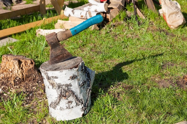 A splitting axe with a bright blue handle embedded in a white-barked birch log, set on a green lawn as part of SGJ Landscaping services in Honesdale, PA.