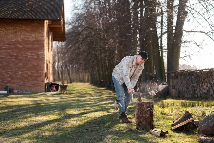 A person using an axe to split firewood on a property, illustrating the wood-related services provided by SGJ Landscaping in Honesdale, PA.
