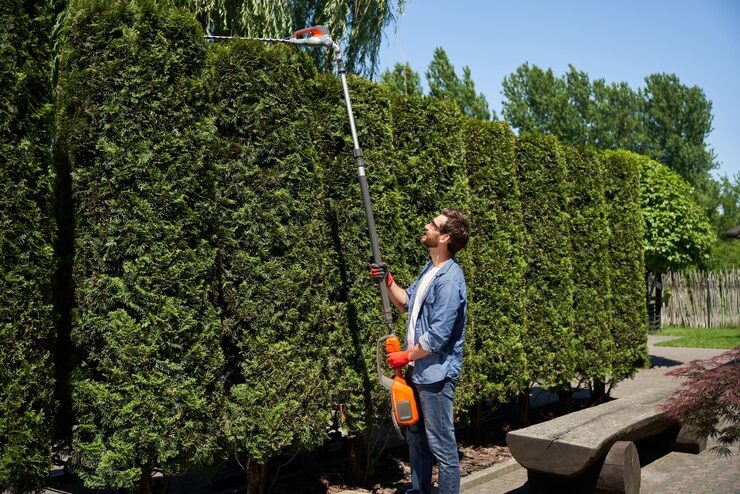 A man wearing protective eyewear and gloves using a long-reach pole hedge trimmer to trim the top of a tall, dense evergreen hedge.
