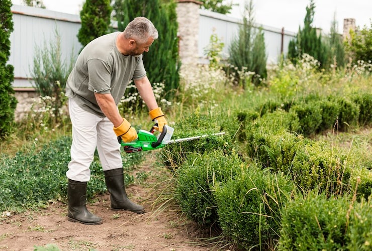 A man in a grey t-shirt and rubber boots using a handheld electric hedge trimmer to trim a row of small, green boxwood bushes in a garden.