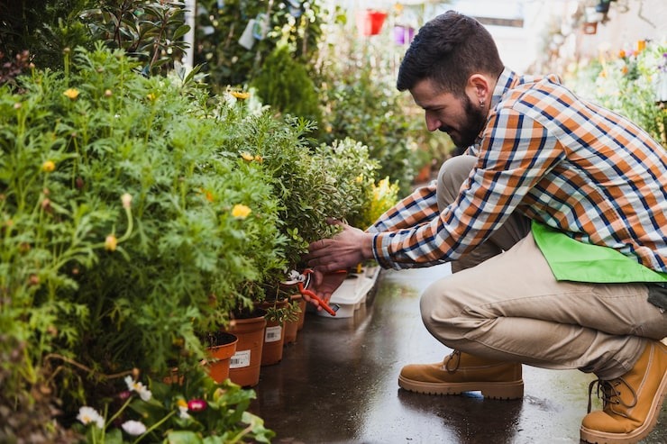 Professional landscaper planting flowers and shrubs along a landscape border.