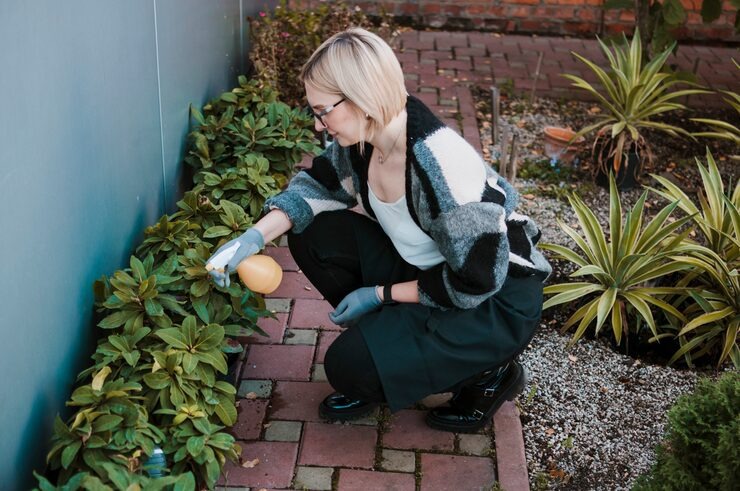 Homeowner watering newly planted shrubs along a brick garden bed near a house.
