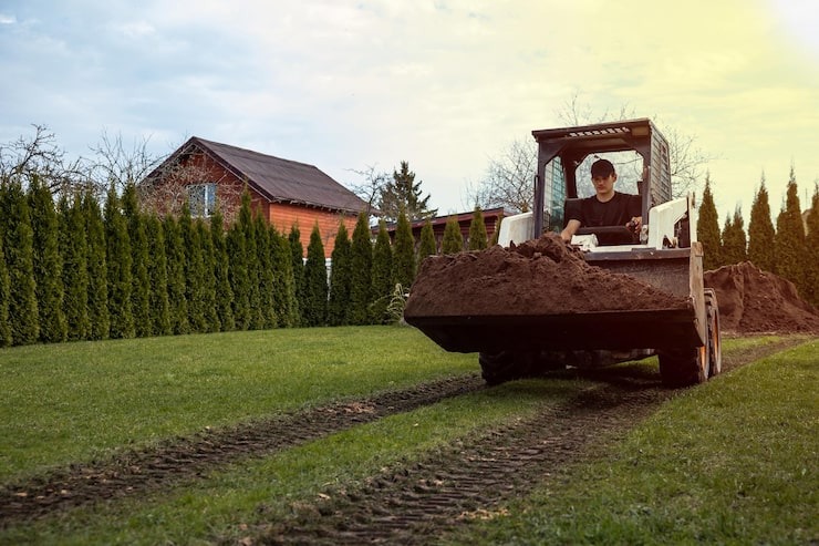 SGJ Landscaping providing light excavation services in Honesdale, PA, using a skid steer to move soil on a residential lawn.