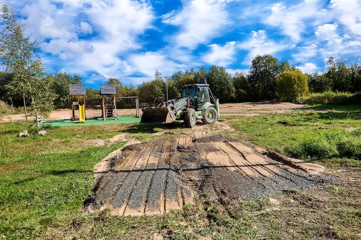 Excavation work for patio and walkway installation with graded soil base.