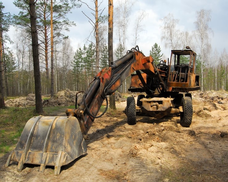 SGJ Landscaping using heavy machinery for light excavation and land clearing in a wooded area in Honesdale, PA.