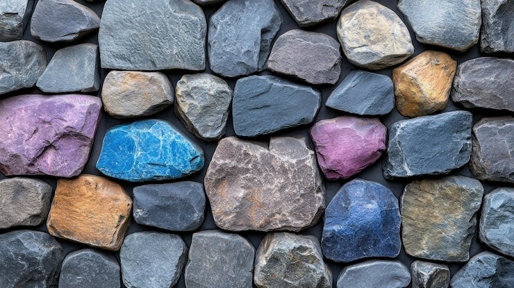 A close-up of a decorative stone wall featuring a variety of textures and colorful natural stones, showcasing precision masonry work by SGJ Landscaping in Honesdale, PA