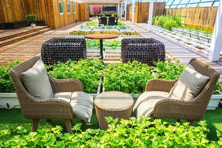 A comfortable outdoor seating area with wicker furniture nestled in a modern rooftop garden or greenhouse, featuring raised planter beds and wooden decor, by SGJ Landscaping in Honesdale, PA.