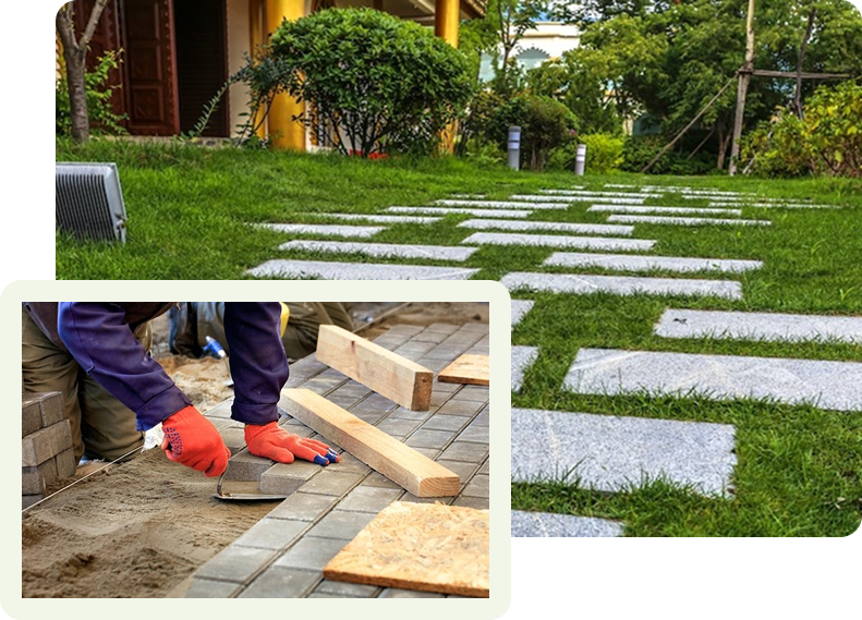 A composite image featuring a finished stone stepping-stone garden path on a lush green lawn, alongside a close-up of a professional paver installing bricks, by SGJ Landscaping in Honesdale, PA.