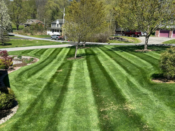 Professional worker performing lawn maintenance for SGJ Landscaping in Honesdale, PA.