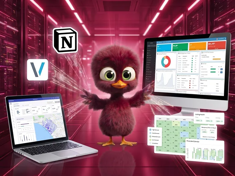 La mascotte di Pro Pro Manager davanti a un computer con i pannelli di controllo degli annunci e il calendario dei prezzi
