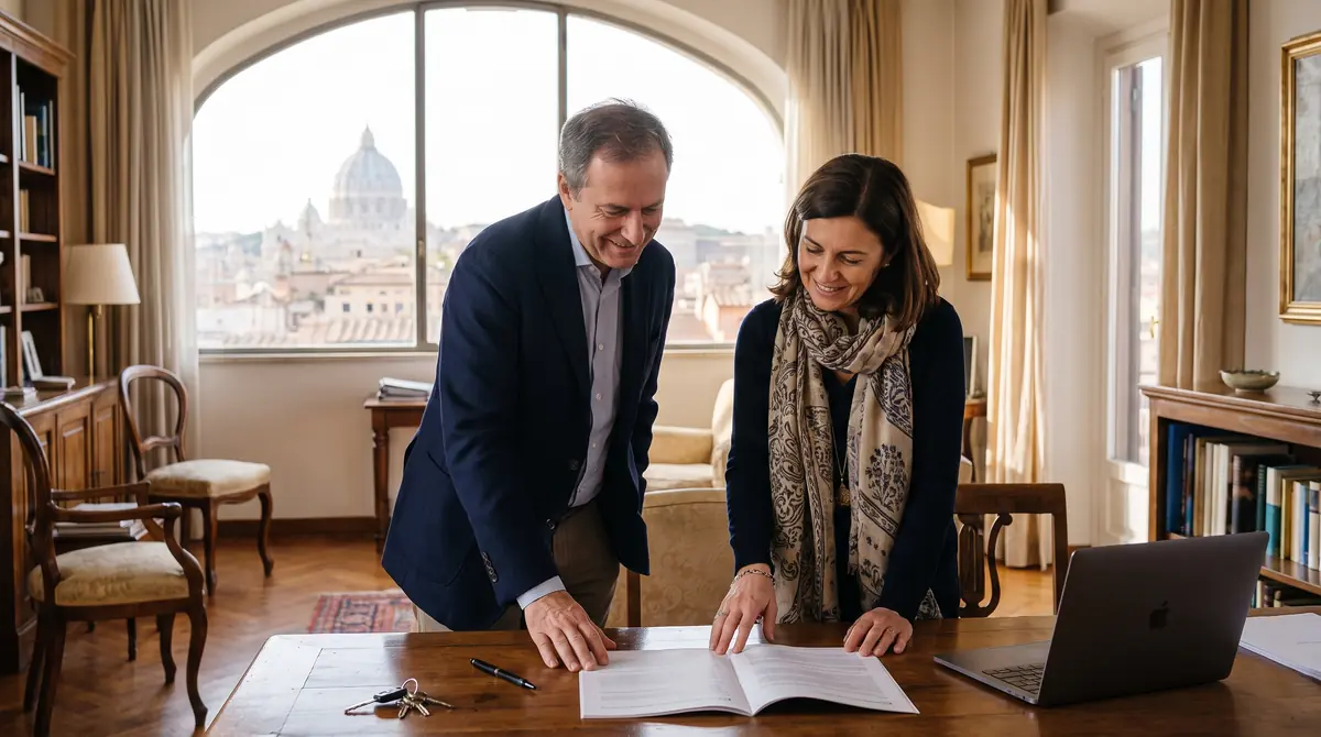 Property manager e proprietaria controllano insieme il contratto di gestione di un affitto breve a Roma, con la cupola di San Pietro alla finestra