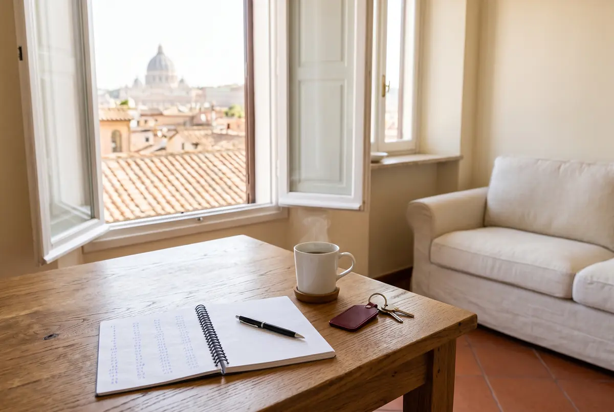 Quaderno con colonne di numeri, penna, caffè e chiavi di casa su un tavolo di legno davanti a una finestra aperta sui tetti e sulla cupola di Roma