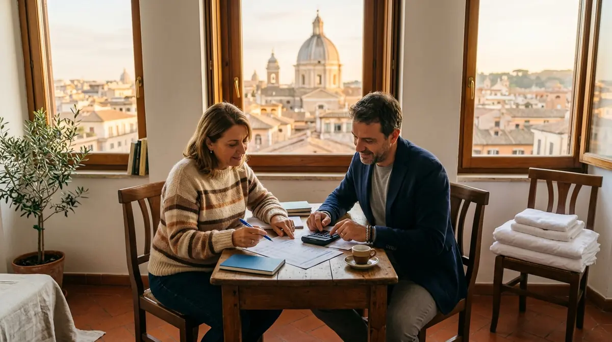 Proprietaria e property manager confrontano insieme un rendiconto mensile con calcolatrice a un tavolo, con i tetti e la cupola di una chiesa di Roma alla finestra