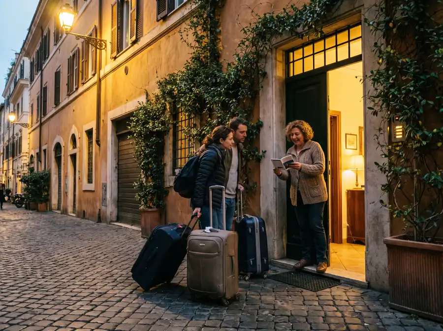 Host accoglie di persona due ospiti con le valigie all'ingresso di un appartamento in affitto breve a Trastevere, Roma