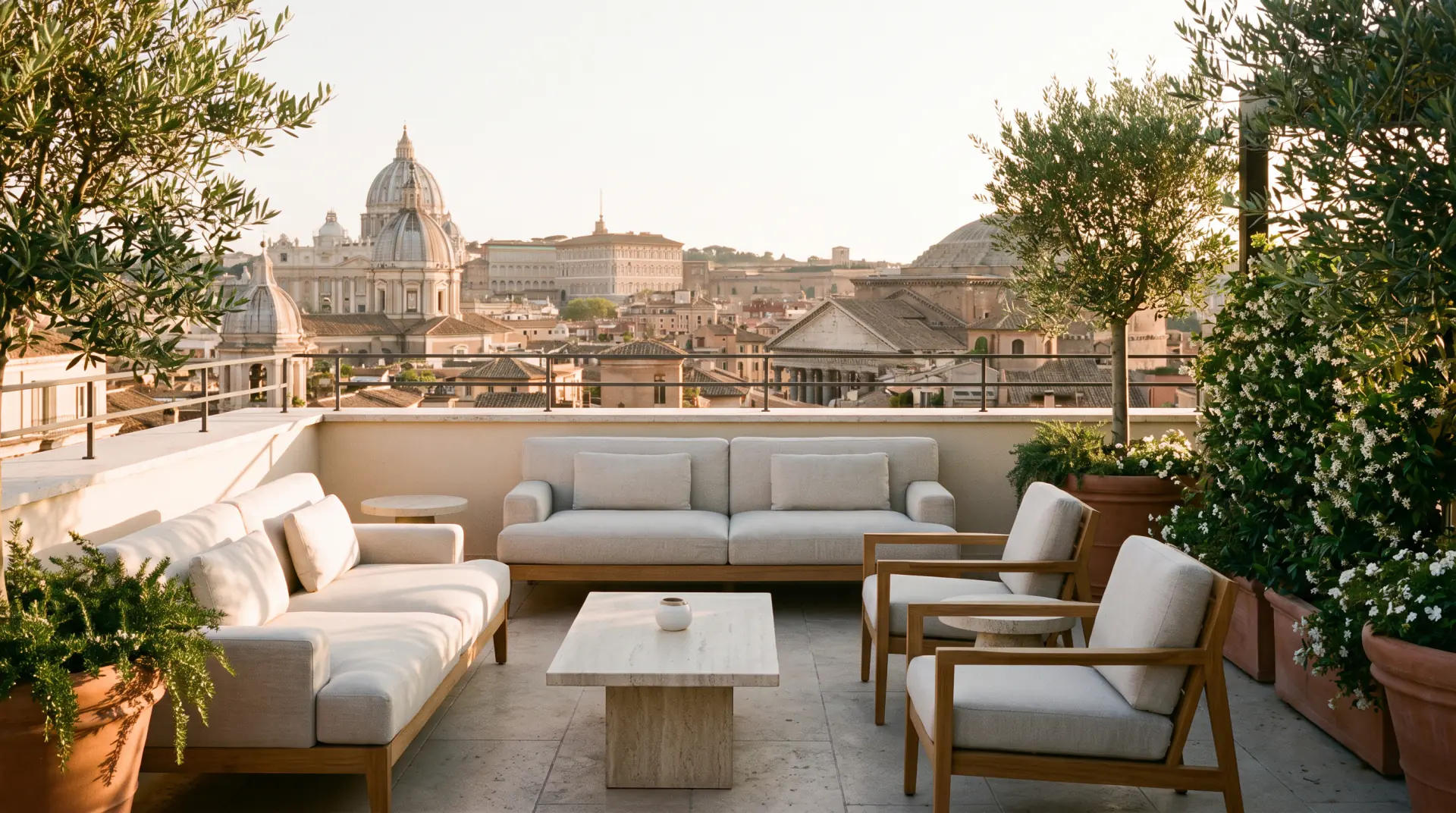 Terrazza panoramica su Roma al tramonto con la cupola di San Pietro