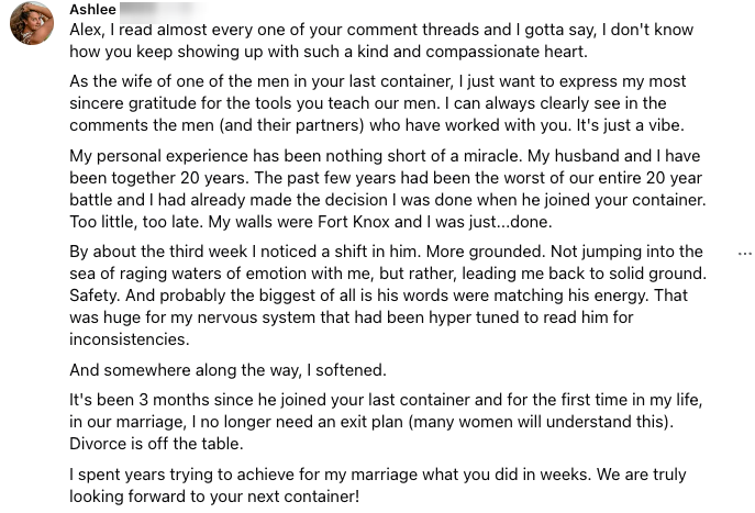 Facebook comment from the wife of a Brotherhood member describing the change in her husband