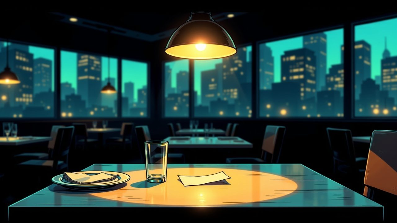 An empty restaurant table at night under a single warm lamp, with a plate, a glass and a folded note left on it.