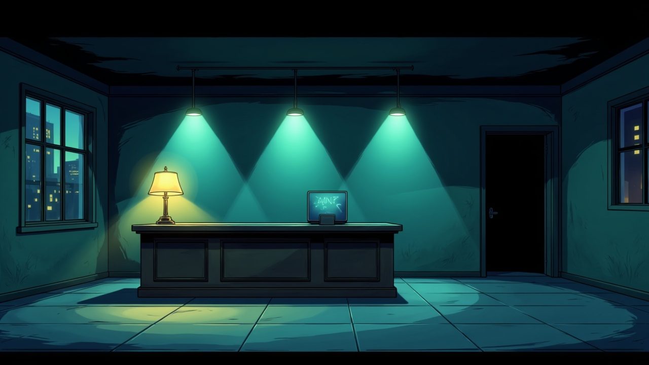 An empty reception counter at night under three cold downlights, with one warm lamp at the end of it.