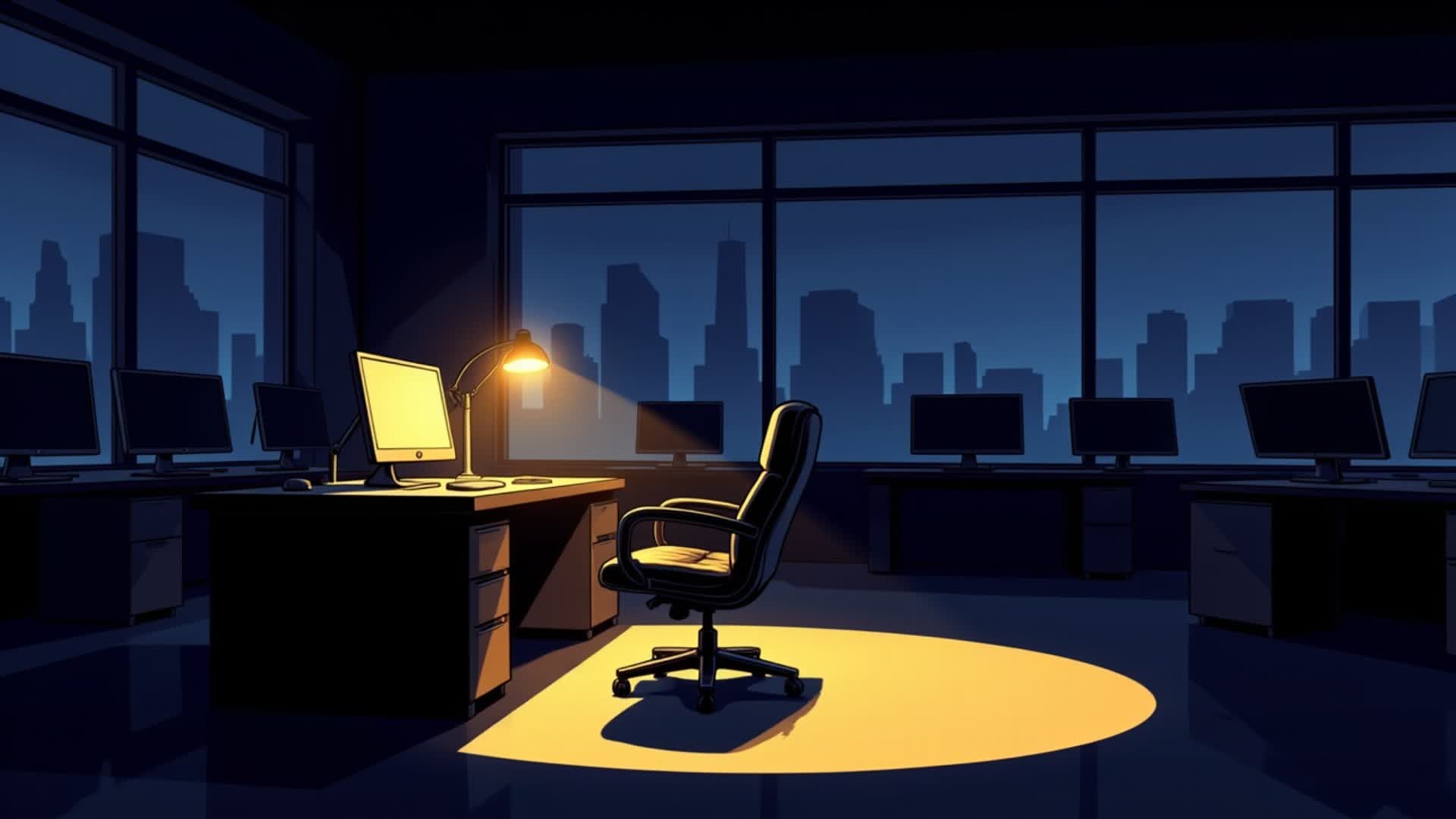 A single empty office chair lit by one desk lamp, in a dark office full of switched-off monitors.