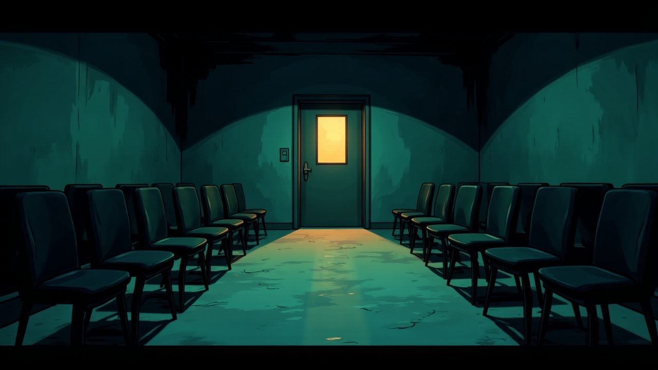 A queue of empty chairs facing a single faintly glowing doorway in a dark room.