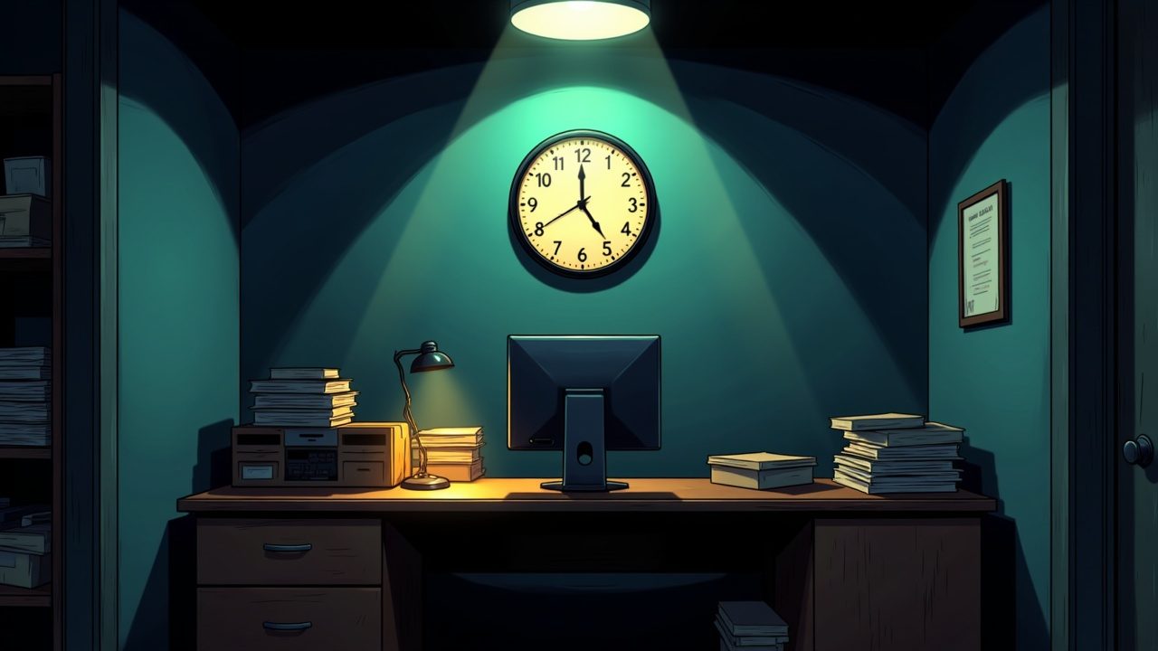 A wall clock above an unattended desk in a dim office, with a dark monitor and stacked papers below it.
