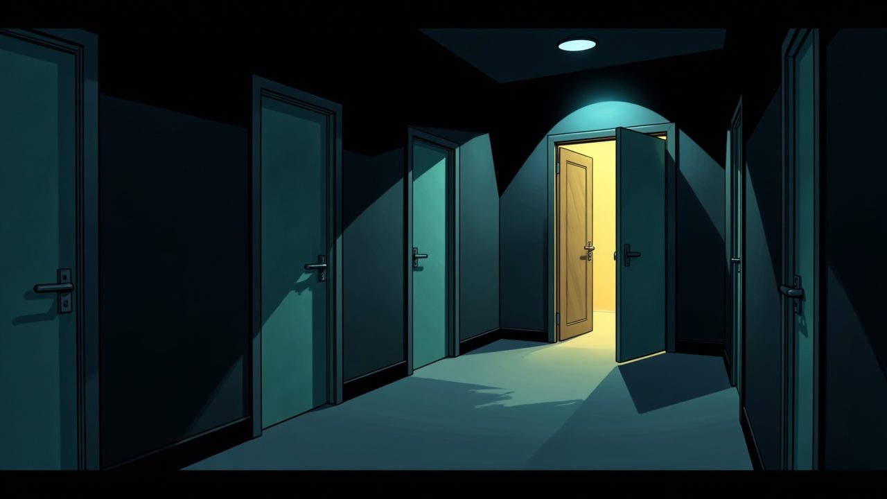 A corridor of identical closed doors with a single one standing open and warm light spilling out.