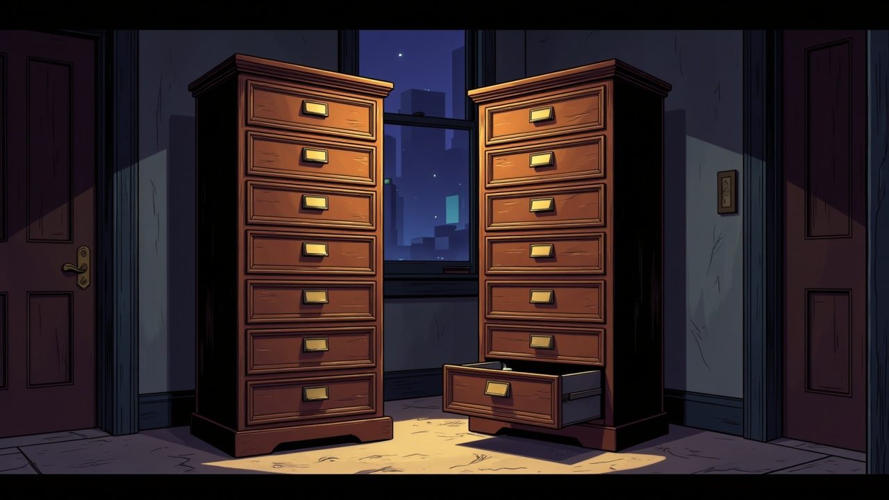 Two identical card-catalogue cabinets side by side, one shut and one with a single drawer pulled open and empty.