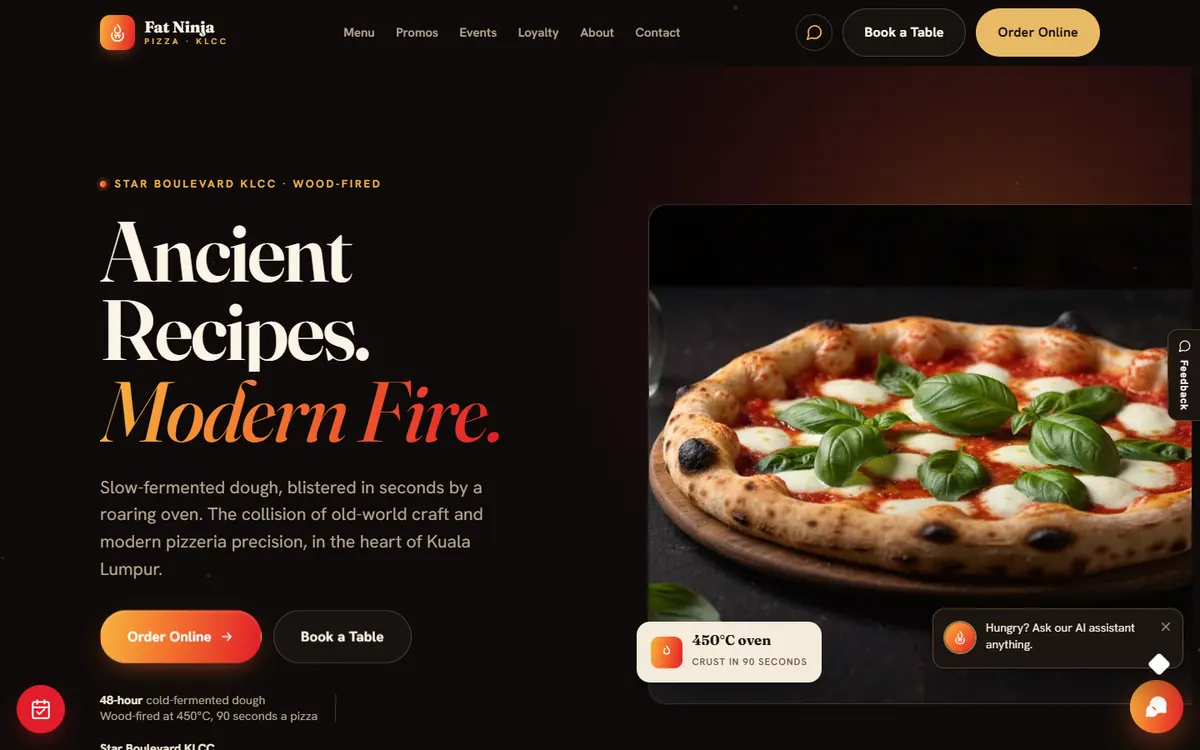 The Fat Ninja Pizza website on a desktop screen