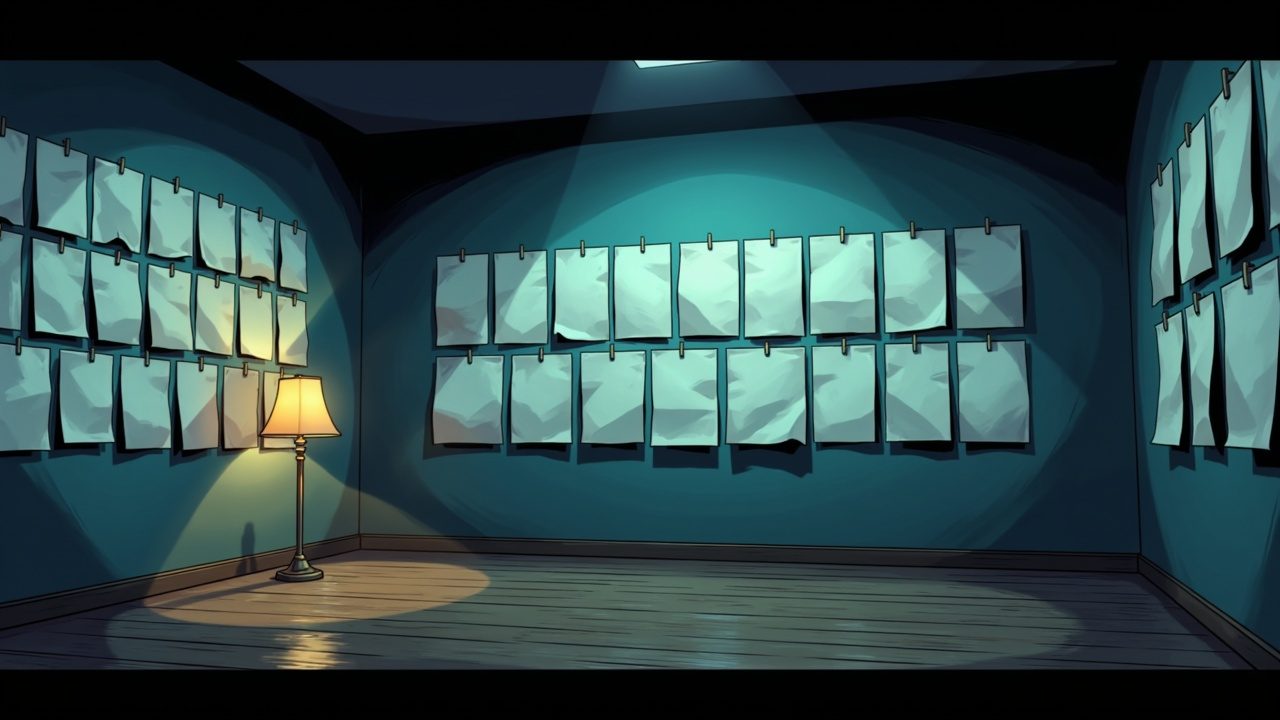 Hundreds of identical blank sheets pinned in rows across a dim wall, one curling away at the corner.