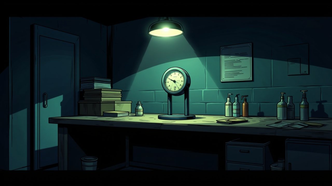 A clock and a row of glass bottles on a dim laboratory bench under a single hanging lamp.