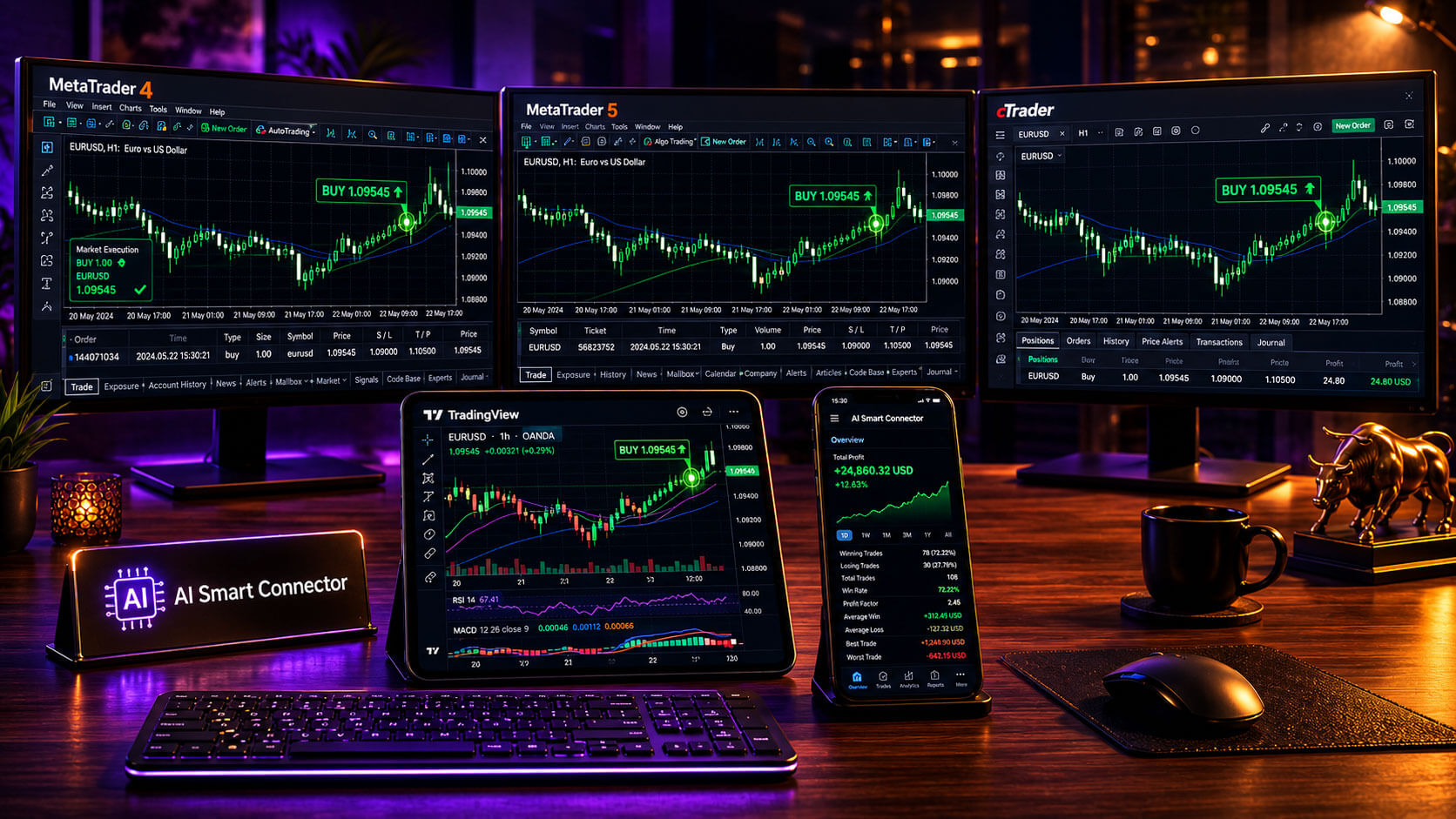MT4, MT5, and cTrader showing the same green BUY trade firing simultaneously from a single TradingView signal, with the AI Smart Connector in the foreground