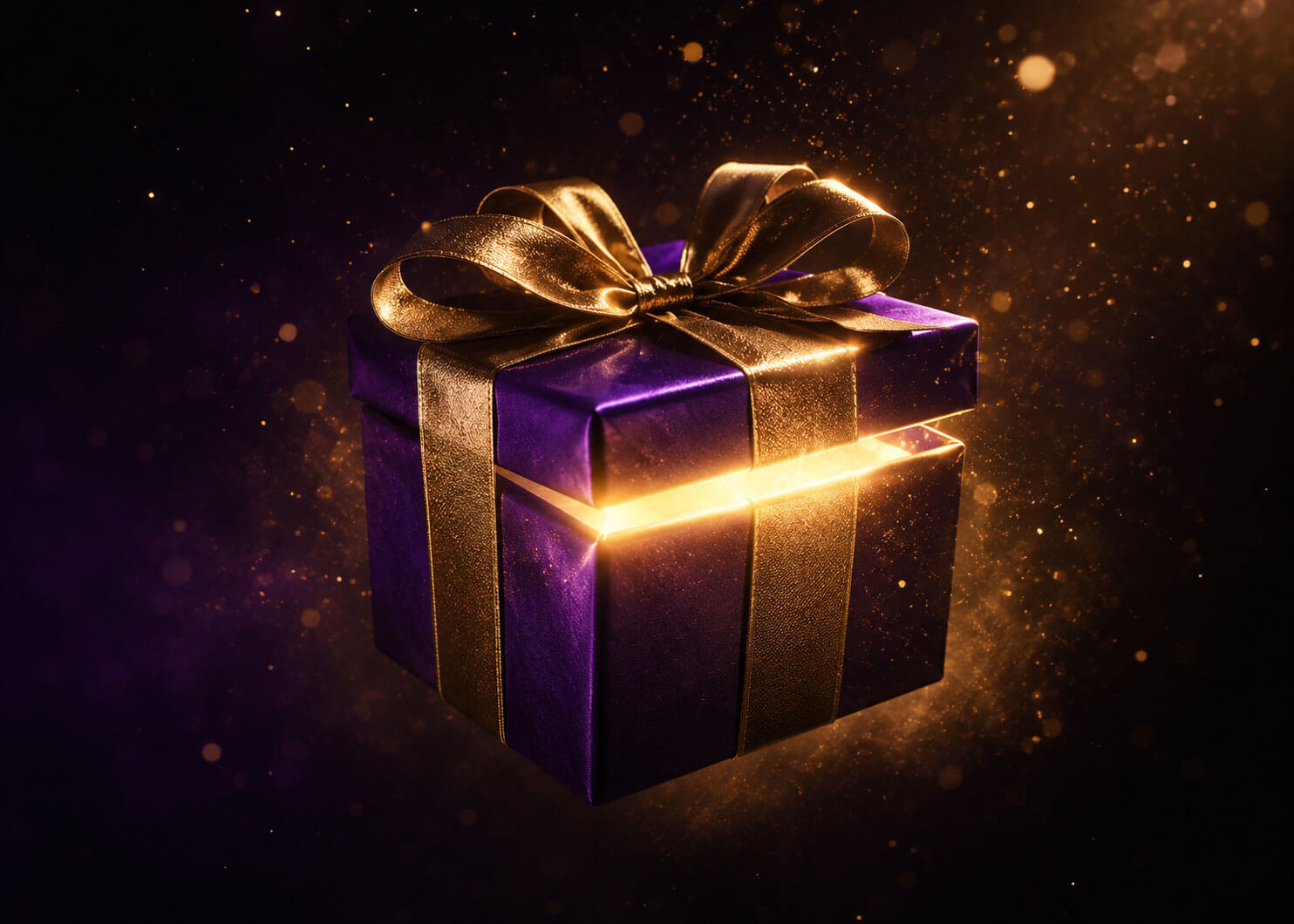 Mystery gift box wrapped in purple and gold