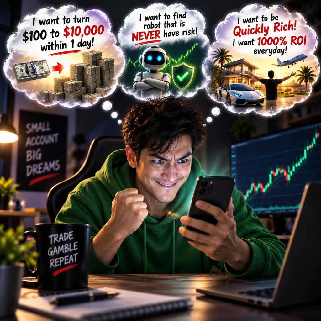 A trader fixated on his phone, imagining turning $100 into $10,000 in a day, a robot that never has risk, and 1000% returns every day.