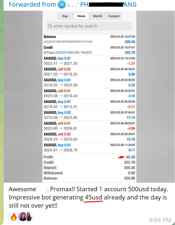 MT4 account screen forwarded with the message “Started 1 account 500usd today. Impressive bot generating 45usd already and the day is still not over yet.”