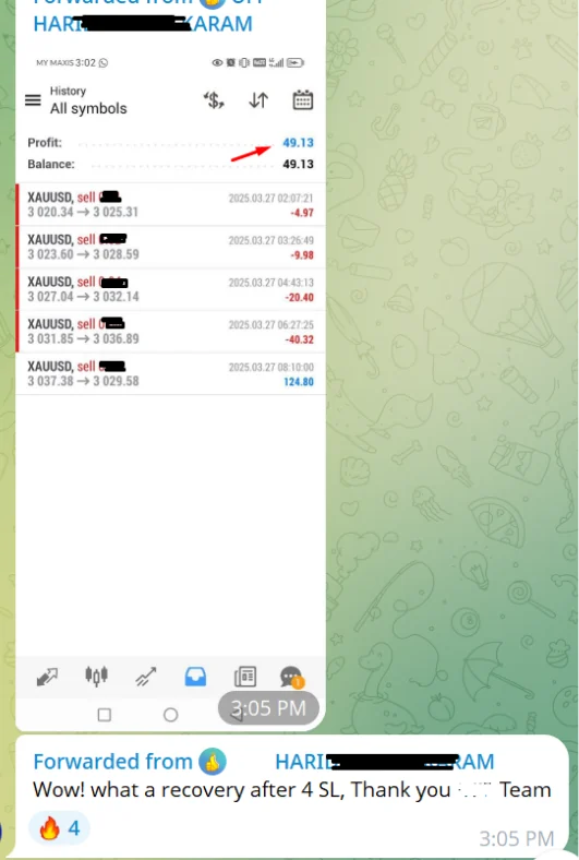 MetaTrader history screen forwarded with the message “Wow, what a recovery after 4 SL. Thank you Team.”