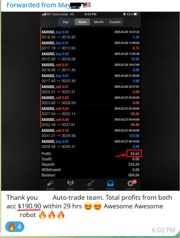MT4 trade history on XAUUSD forwarded with the message “Thank you Auto-trade team. Total profits from both accounts $190.90 within 29 hrs.”