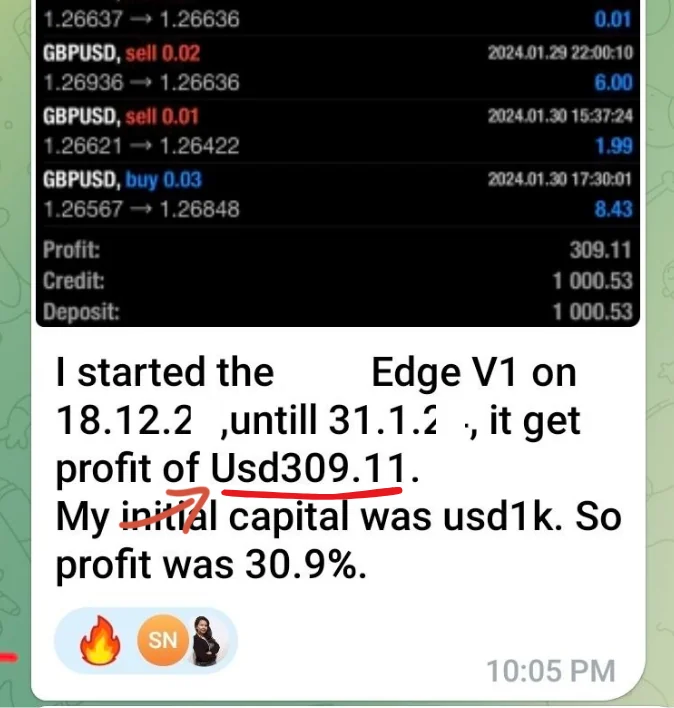 GBPUSD trade list forwarded with the message “I started the Edge V1 … it get profit of USD309.11. My initial capital was USD1k, so profit was 30.9%.”