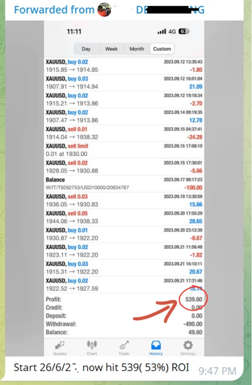 MetaTrader account history forwarded with the message “Start 26/6, now hit 539 (53%) ROI.”