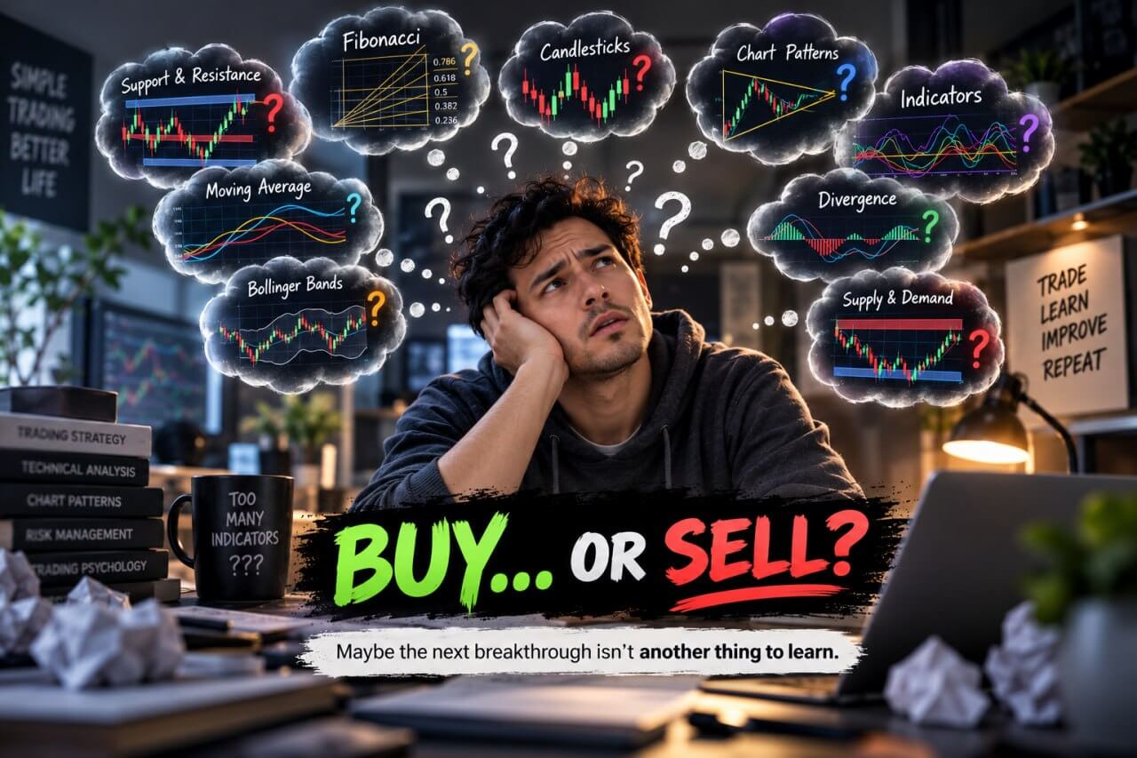 An overwhelmed trader surrounded by thought bubbles labelled Support & Resistance, Fibonacci, Candlesticks, Chart Patterns, Indicators, Moving Average, Divergence, Bollinger Bands and Supply & Demand, asking: buy or sell? Maybe the next breakthrough isn't another thing to learn.