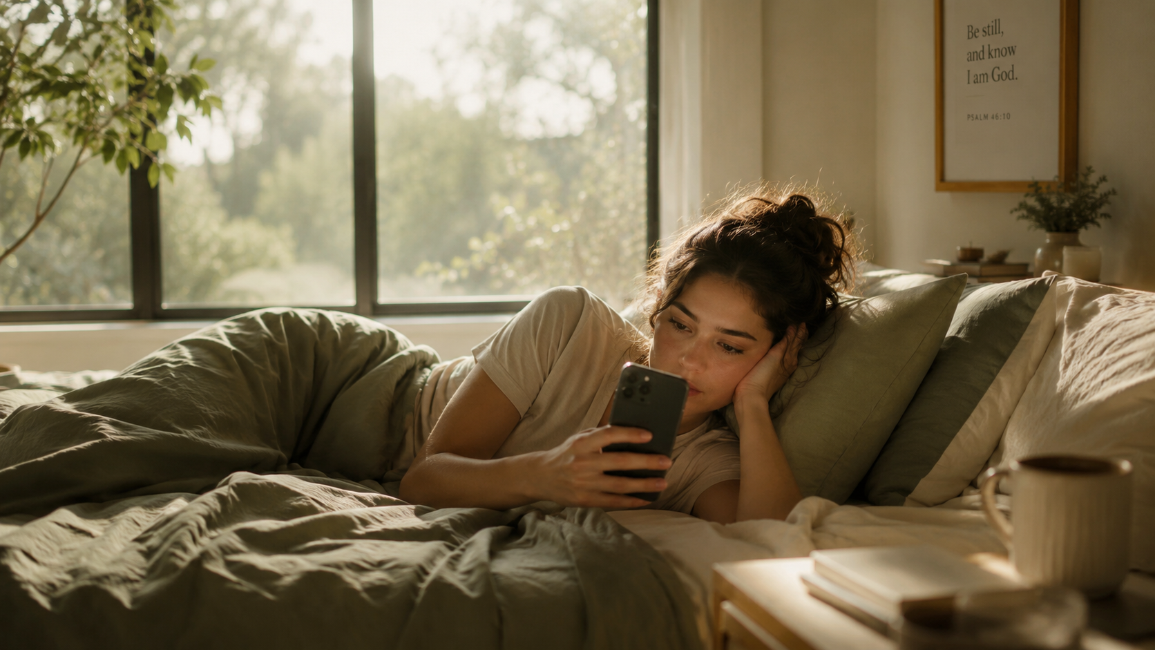 Young woman scrolling on phone in bed with daylight coming through the window