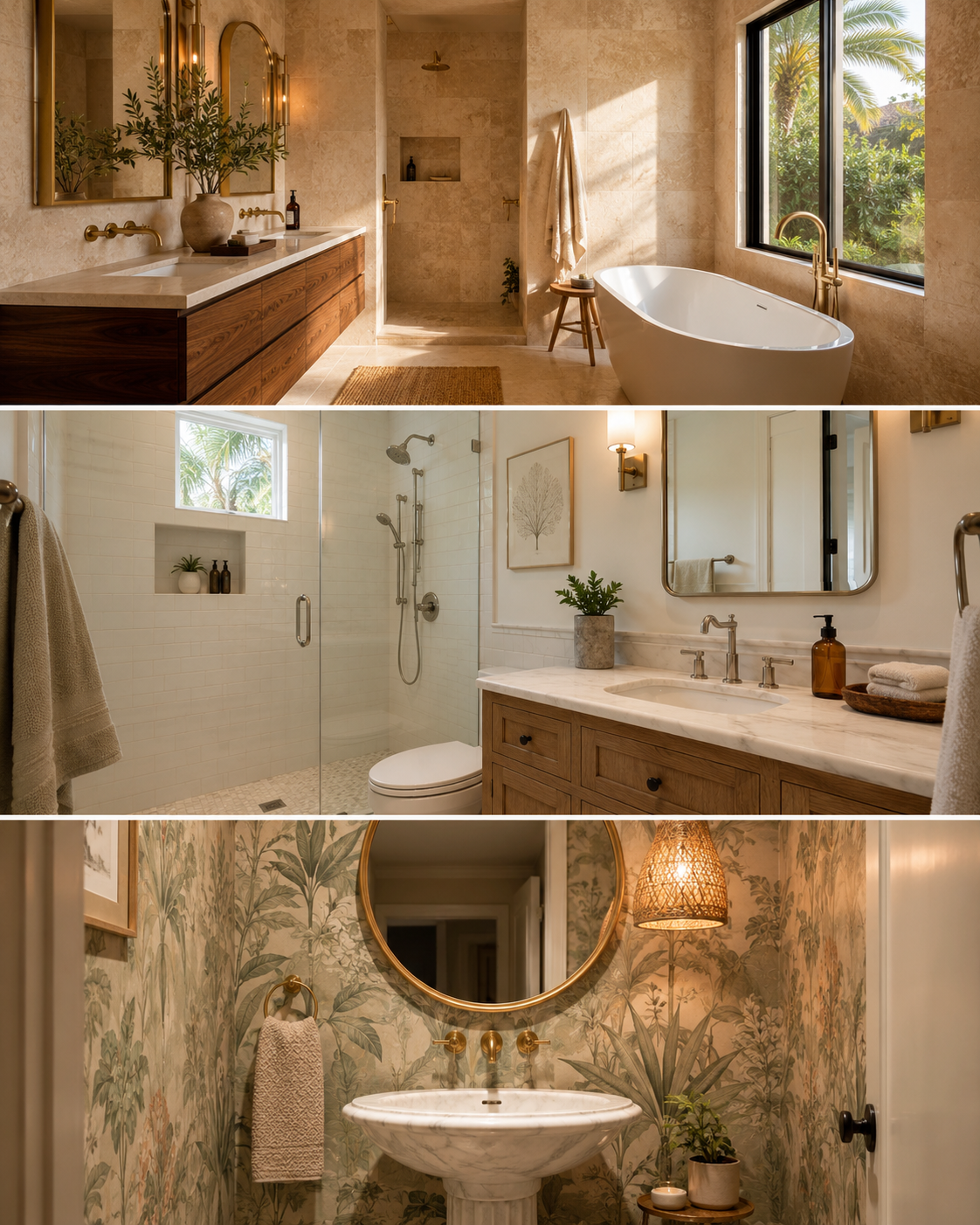 Three bathroom remodel comparison showing different design styles