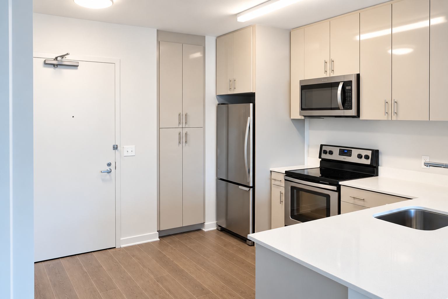 Marin Boulevard - Modern kitchen with custom cabinetry, refrigerator, and microwave