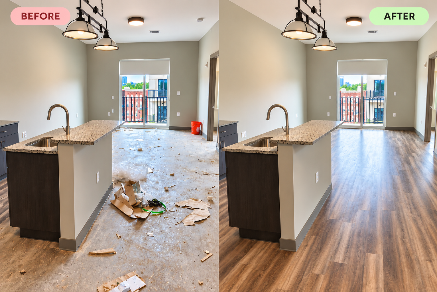 Main Street - Finished living room and balcony access next to active construction space