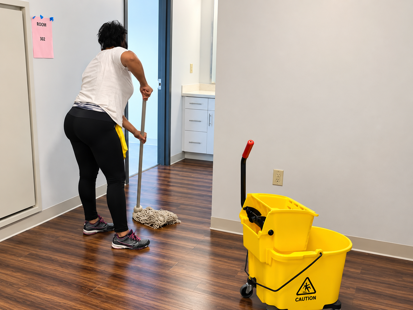 Kean University - Enterprise Cleaning team member detailing suite entryway flooring