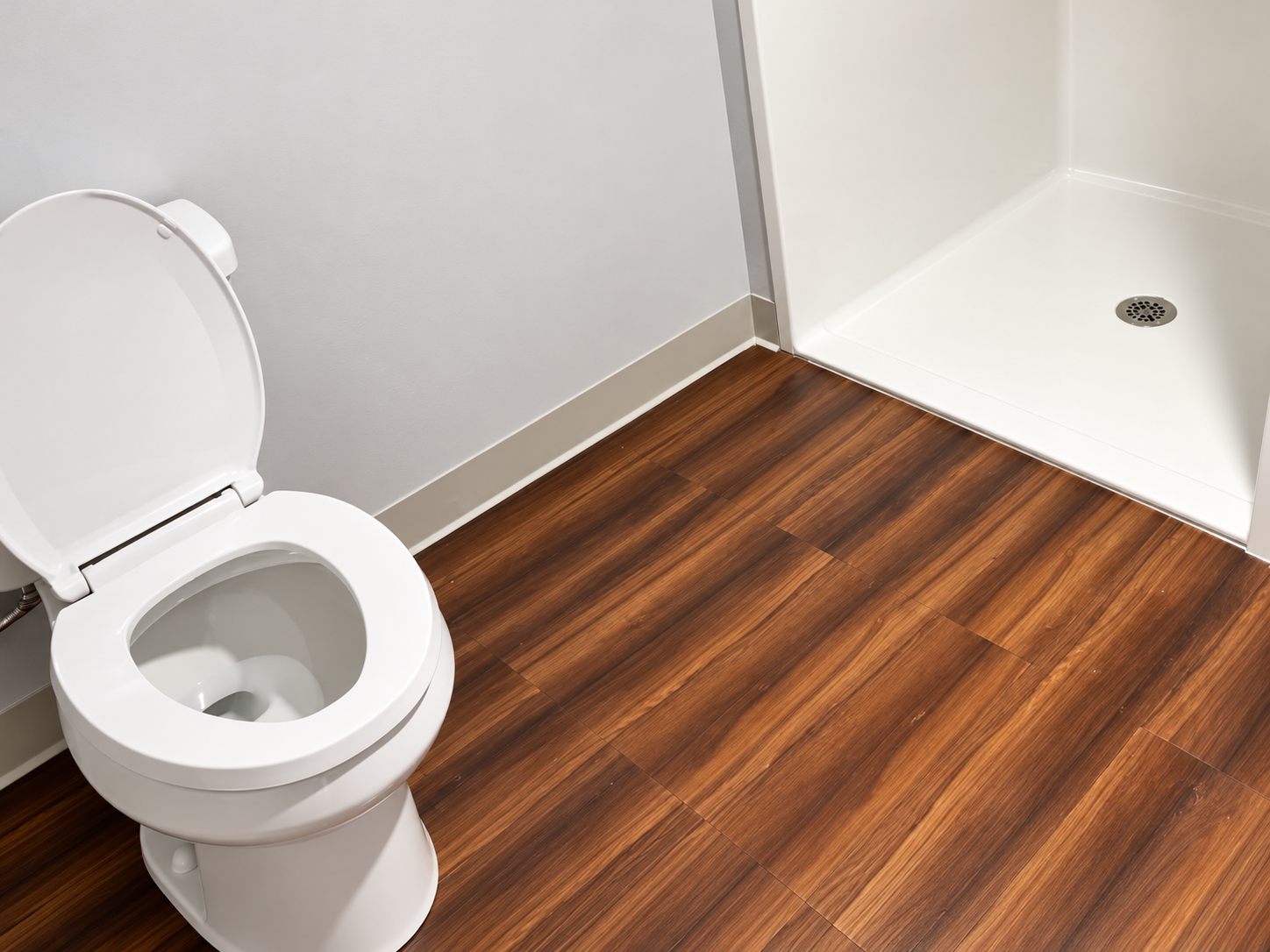 Kean University - Sanitized bathroom with walk-in shower stall and wood-grain flooring