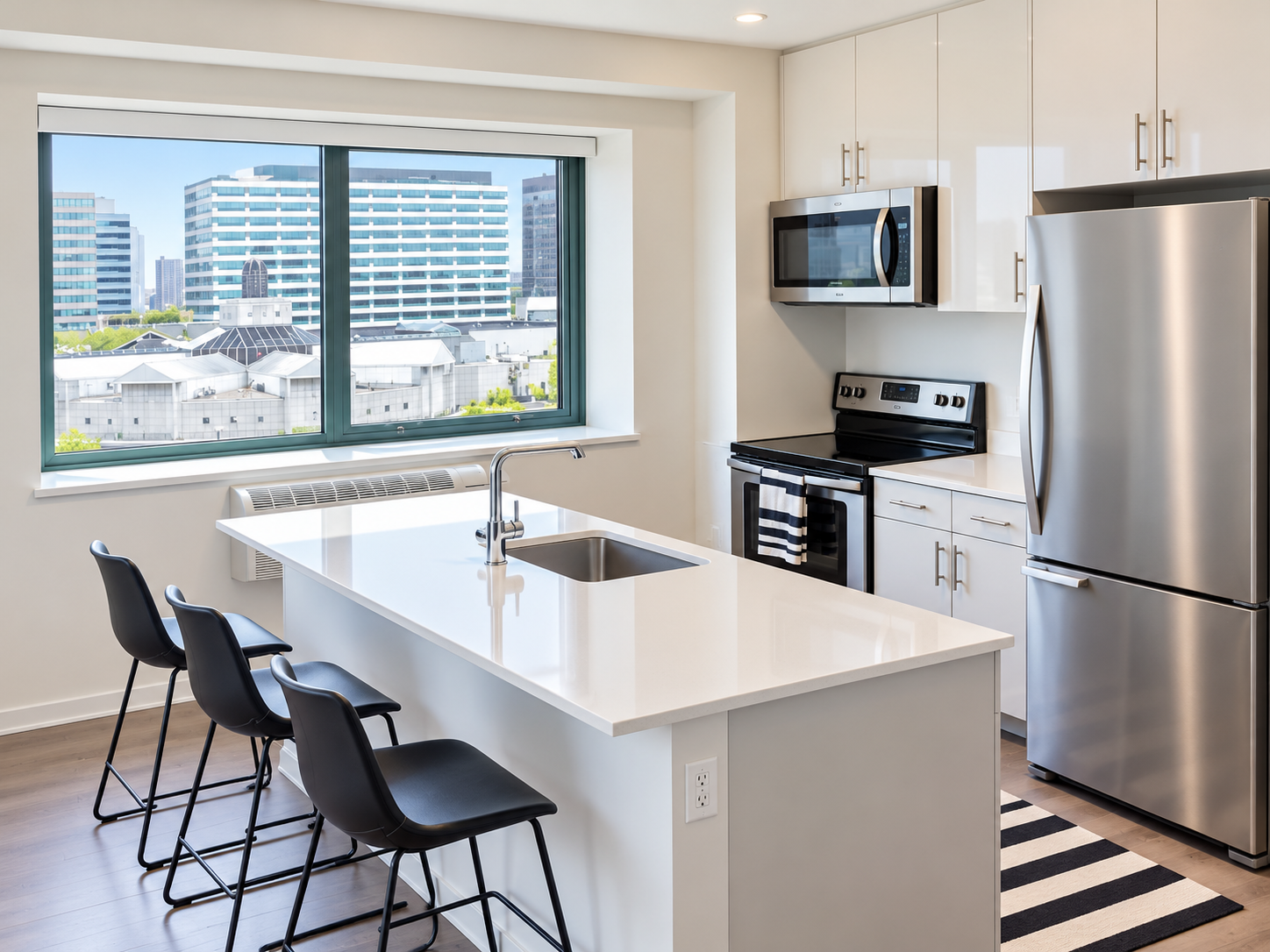 Marin Boulevard - Bright kitchen island with under-mount sink overlooking expansive windows