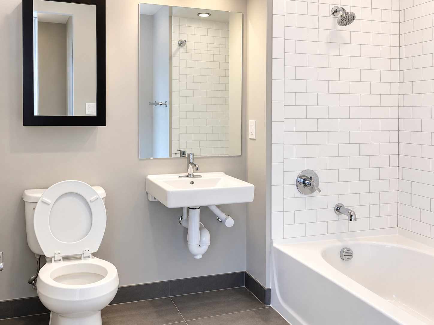Main Street - Bright subway-tiled bathroom with pedestal sink and mirror