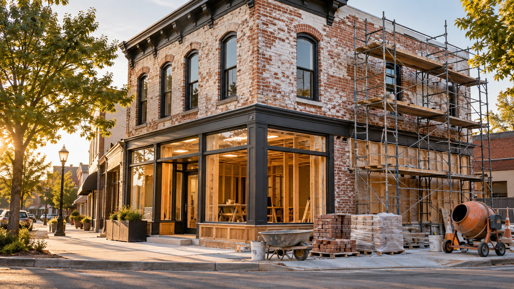 Mixed-use commercial building undergoing renovation
